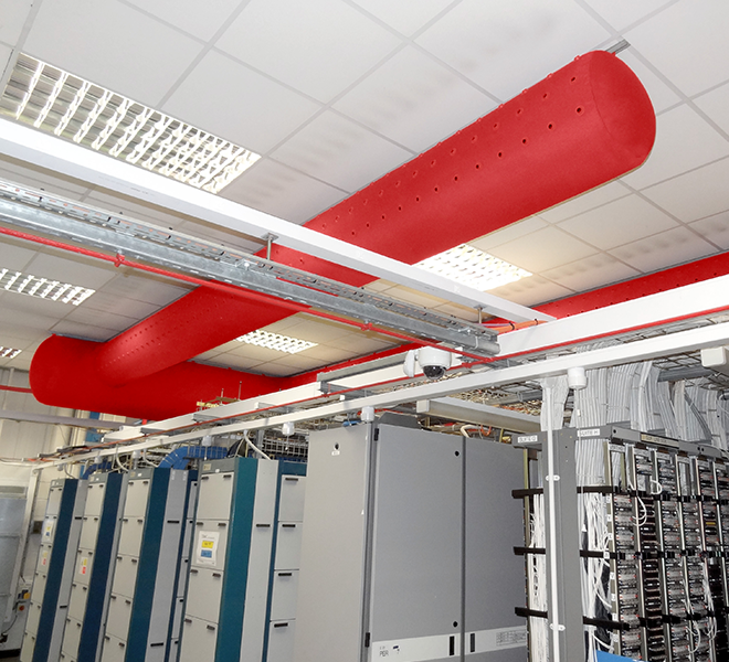 Red fabric duct in a data center, 2