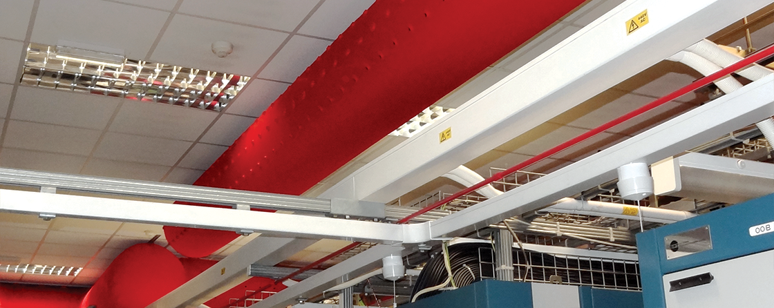 Red fabric duct inside a factory, 2