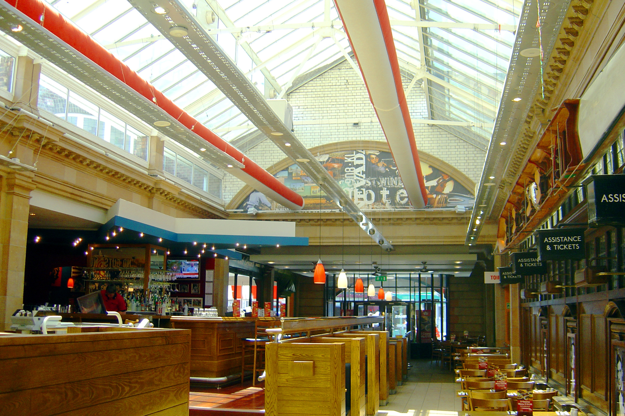 Red duct systems inside a restaurant's dining hall, 2