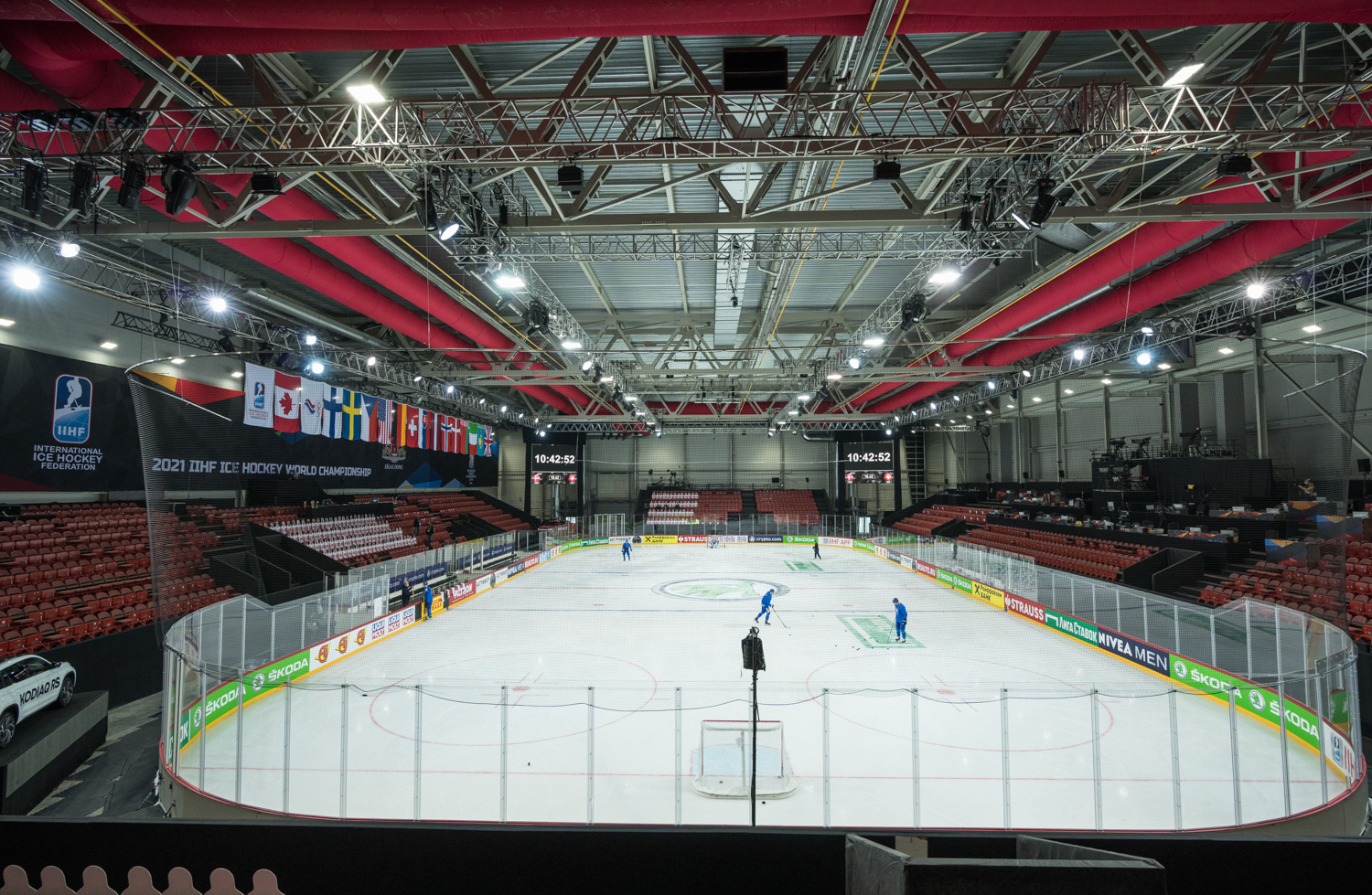Red duct systems inside an indoor hockey ice rink, 2