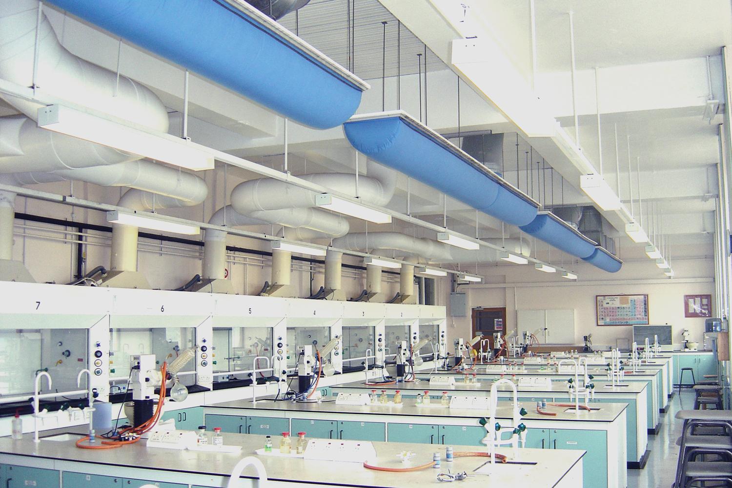Blue air ducts inside a laboratory