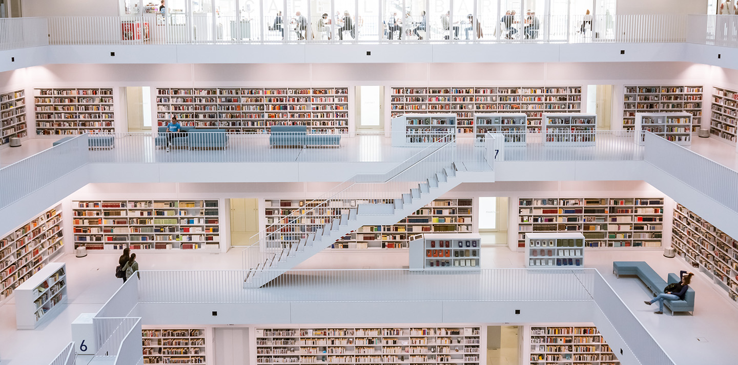 Modern white library interior, CA