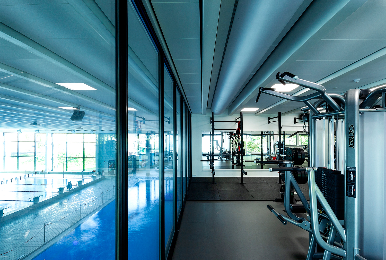 Grey fabric duct in Vestbadet, Brøndbyvester fitness center, DK, 2