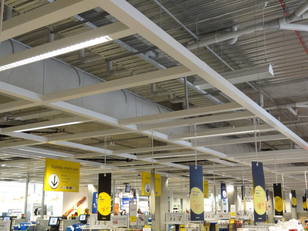 White air ducts for ventilation in IKEA, Springvale, Australia, 2