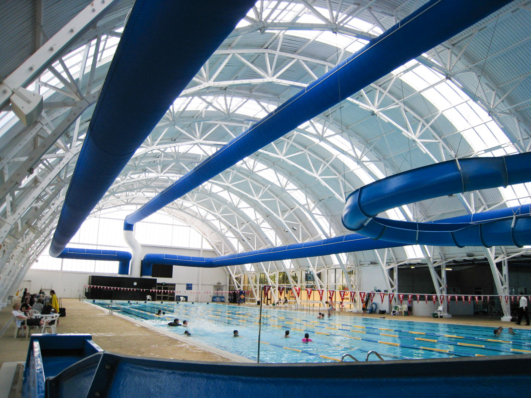 Blue air ducts inside an indoor water park, 1