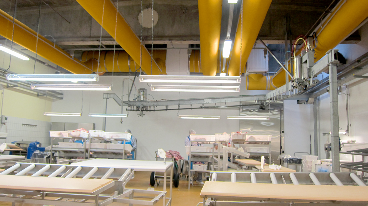 Yellow industrial ducting systems installed inside a meat processing factory Danish Crown, Denmark, 2