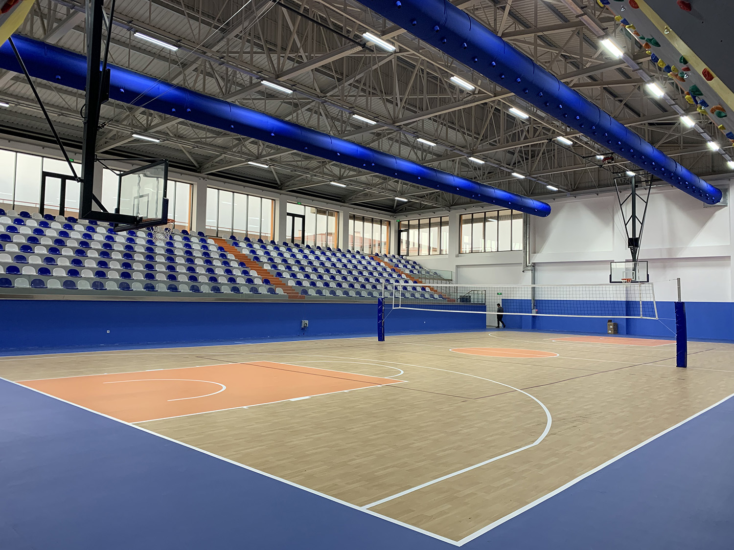 Blue air ducts in a Multi-Purpose Sports Hall: Antalya Industrial Park, Turkey, 2