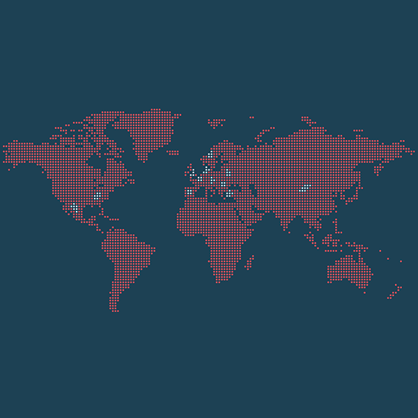 World map in red dot pattern, CA