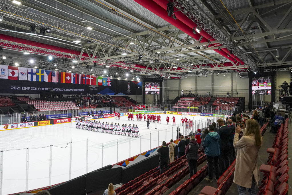 Red duct systems inside Olympic Sports Center hockey stadium, Latvia