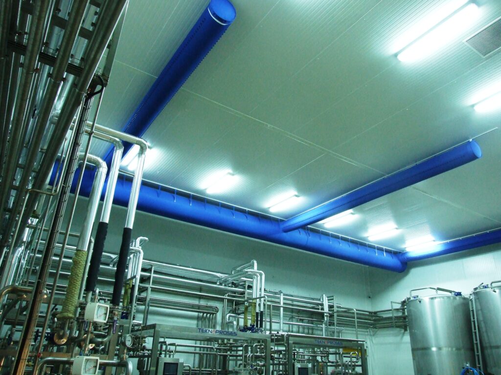 Blue air ducts in İtimat Süt dairy processing factory, Turkey, 2
