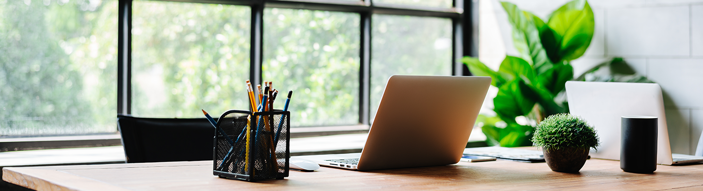 Moderner Arbeitsplatz mit Laptop, Stiftehalter und Pflanzen auf einem Holztisch vor großen Fenstern in einem hellen Büro.