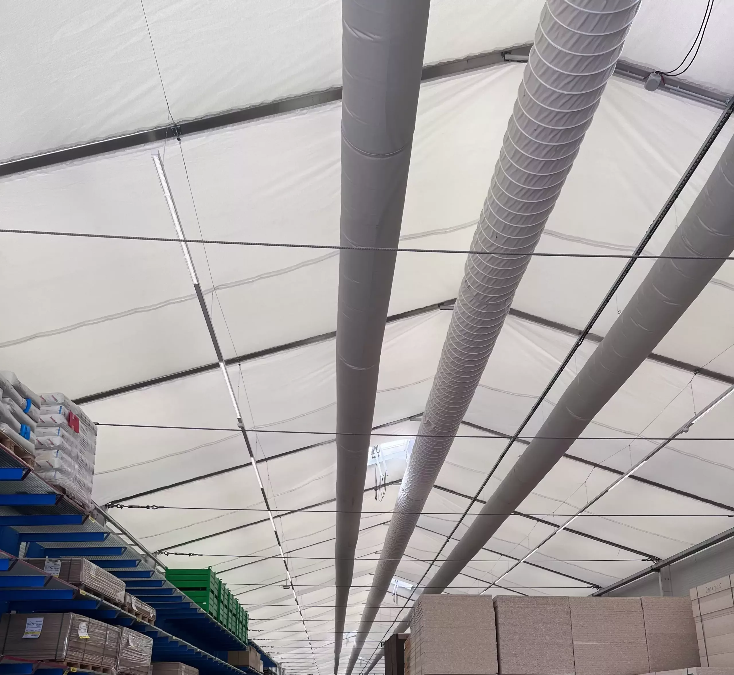 FabricAir fabric ducts installed in the GARANT temporary cold hall for supply and exhaust airflow