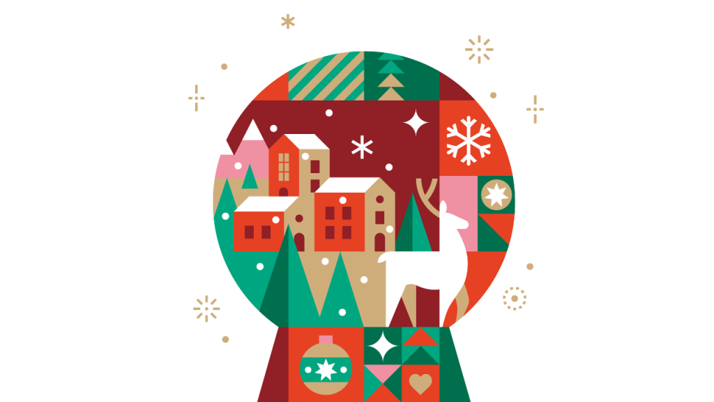 Illustration einer winterlichen Schneekugel mit Dorf, Rentier und Schneeflocken im Weihnachtsstil.