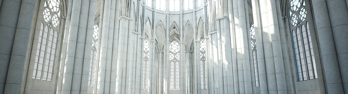 Kirchenraum mit hohen Gewölben, monumentaler Orgel und schlanken Lichtinstallationen entlang der Säulen.