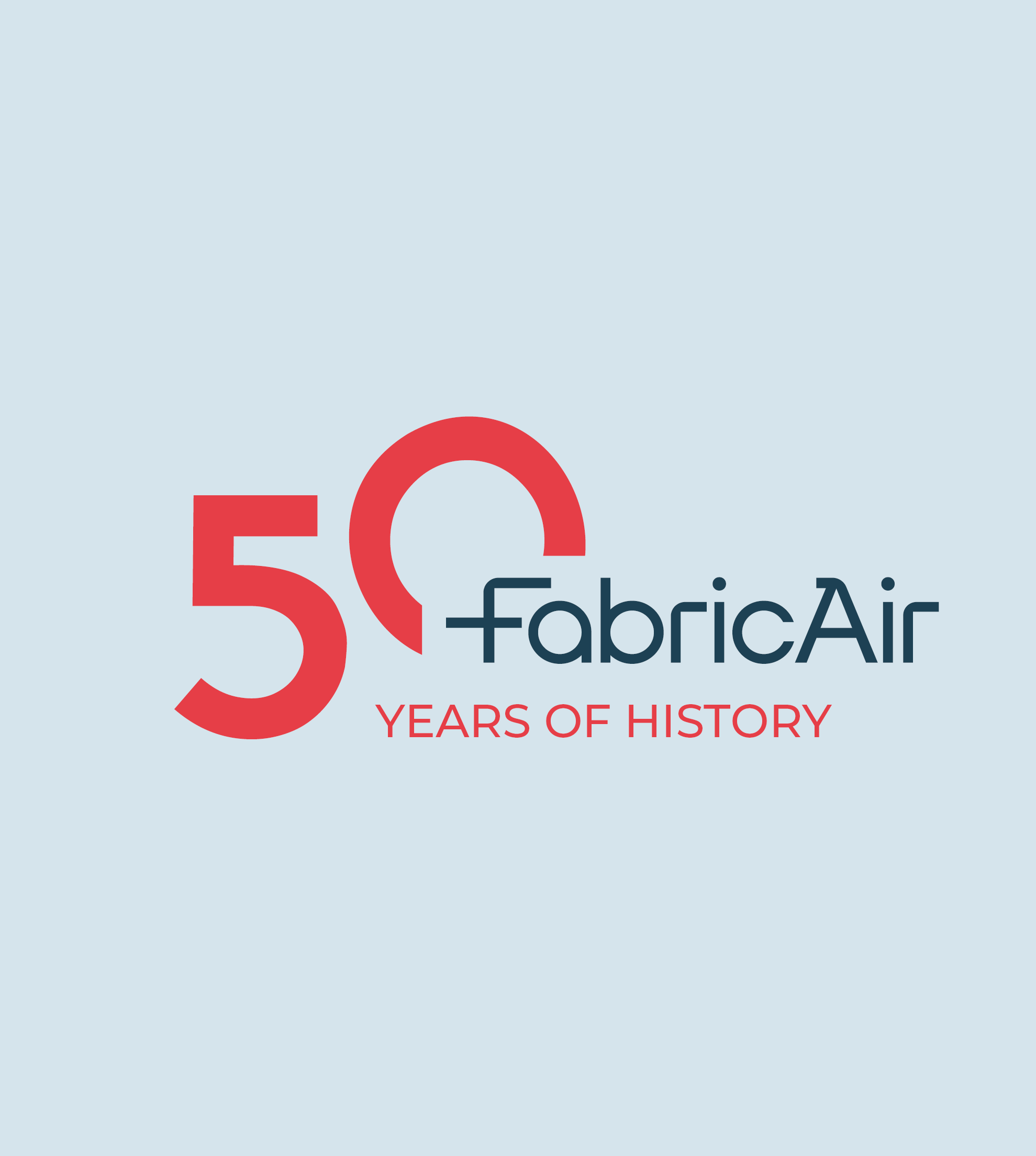 Logotipo conmemorativo del 50 aniversario de FabricAir, empresa pionera en difusión de aire textil desde 1973