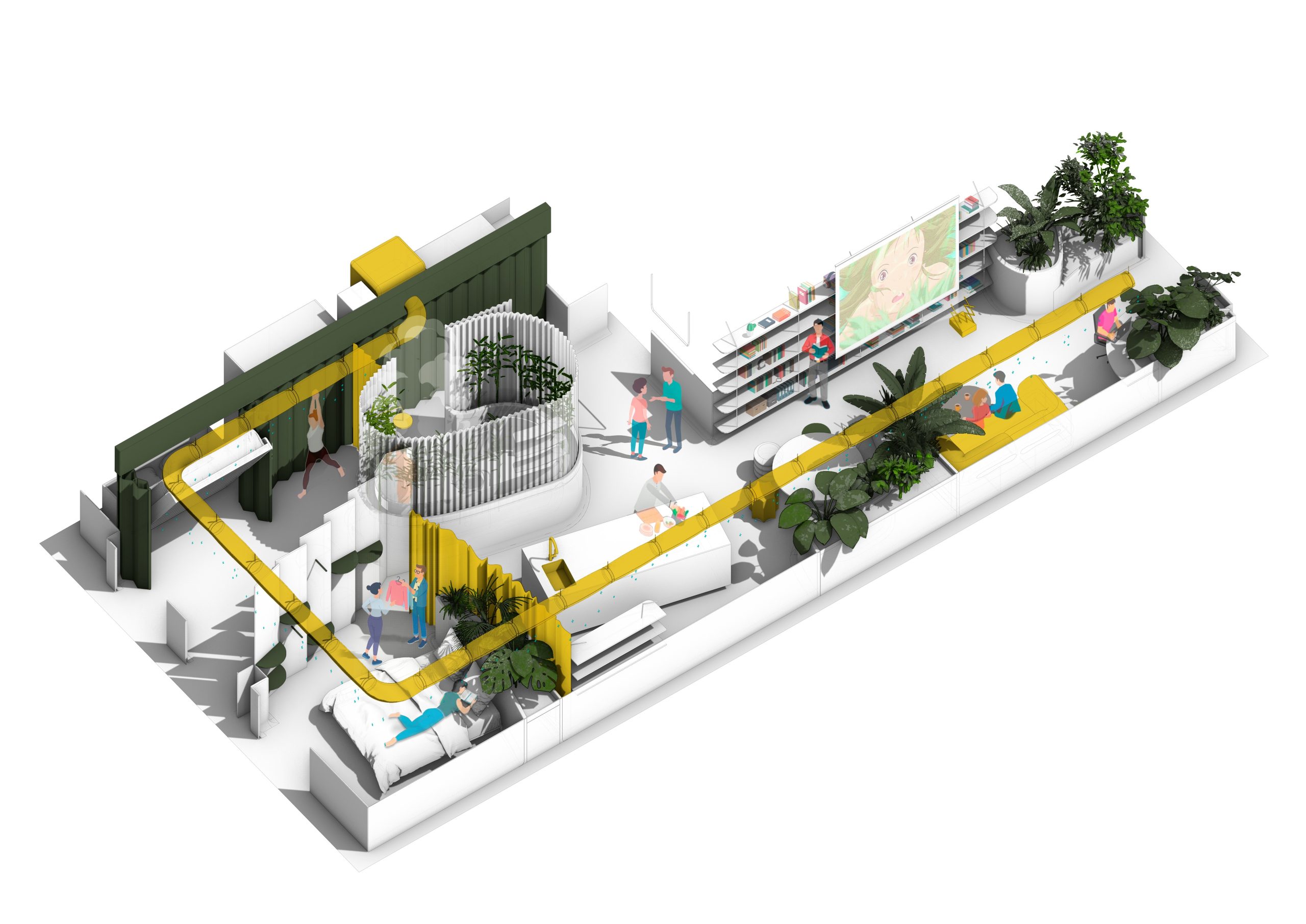 Infografía del sistema de conducto textil para climatización en Corrigan Estudio