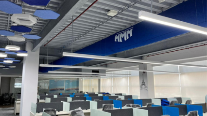 The blue fabric duct system installed in the new HMM office space in Mumbai, India