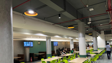 Fabric ducting in white and gray in large bank lobby