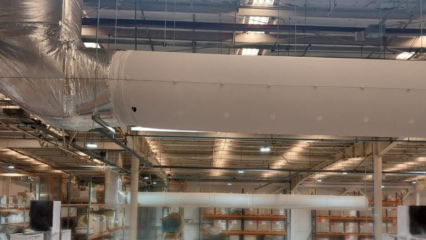 White fabric ducts provide precision airflow for the Mitsubishi automotive plant in Mexico.