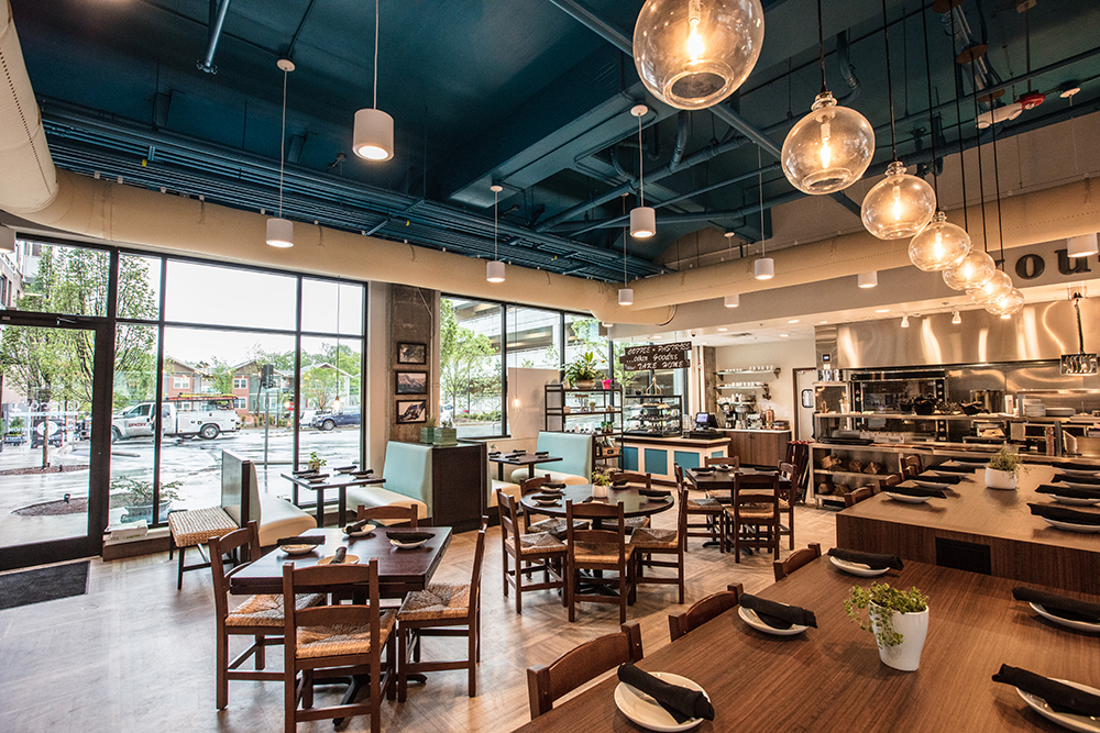 White ductwork system installed inside a restaurant, UK, 2