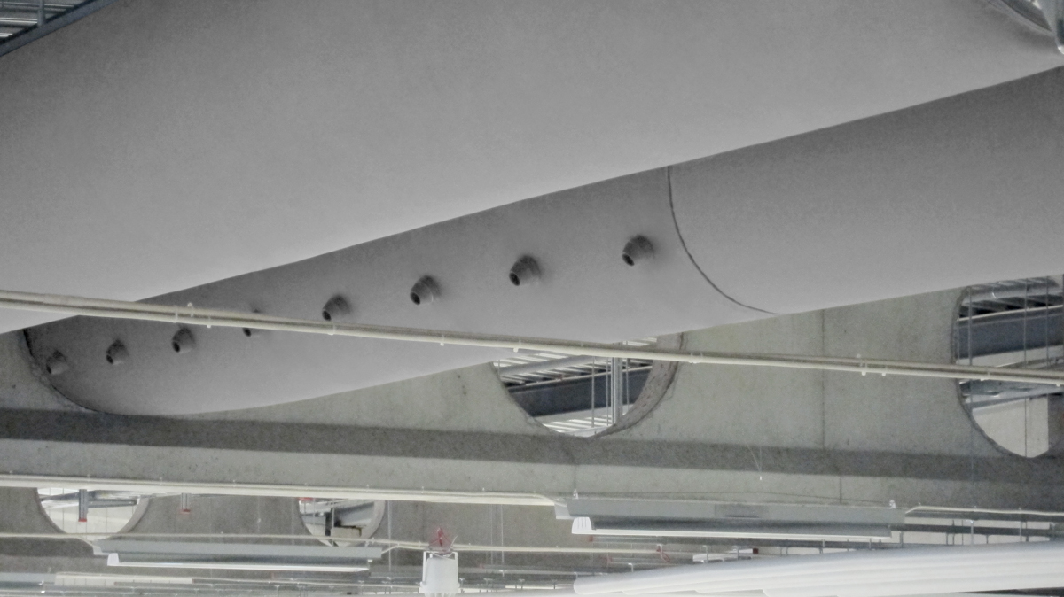 Industrial ventilation ducts with grey fabric duct design in MalmöMässan, Malmö, Sweden, 1