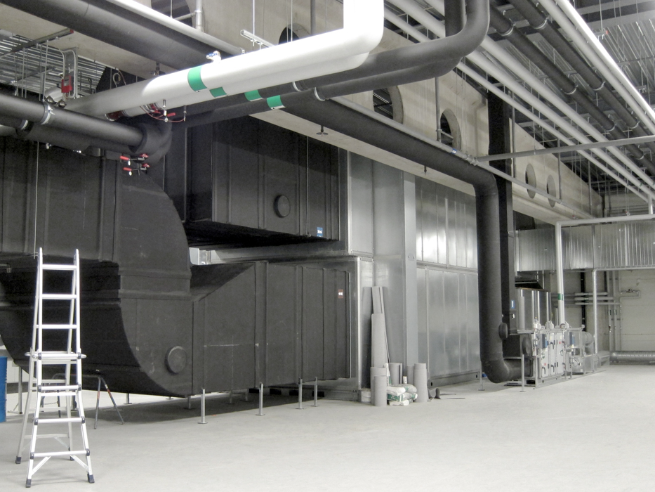 Black air duct systems with fabric ducts installed in MalmöMässan, Malmö, Sweden, 1