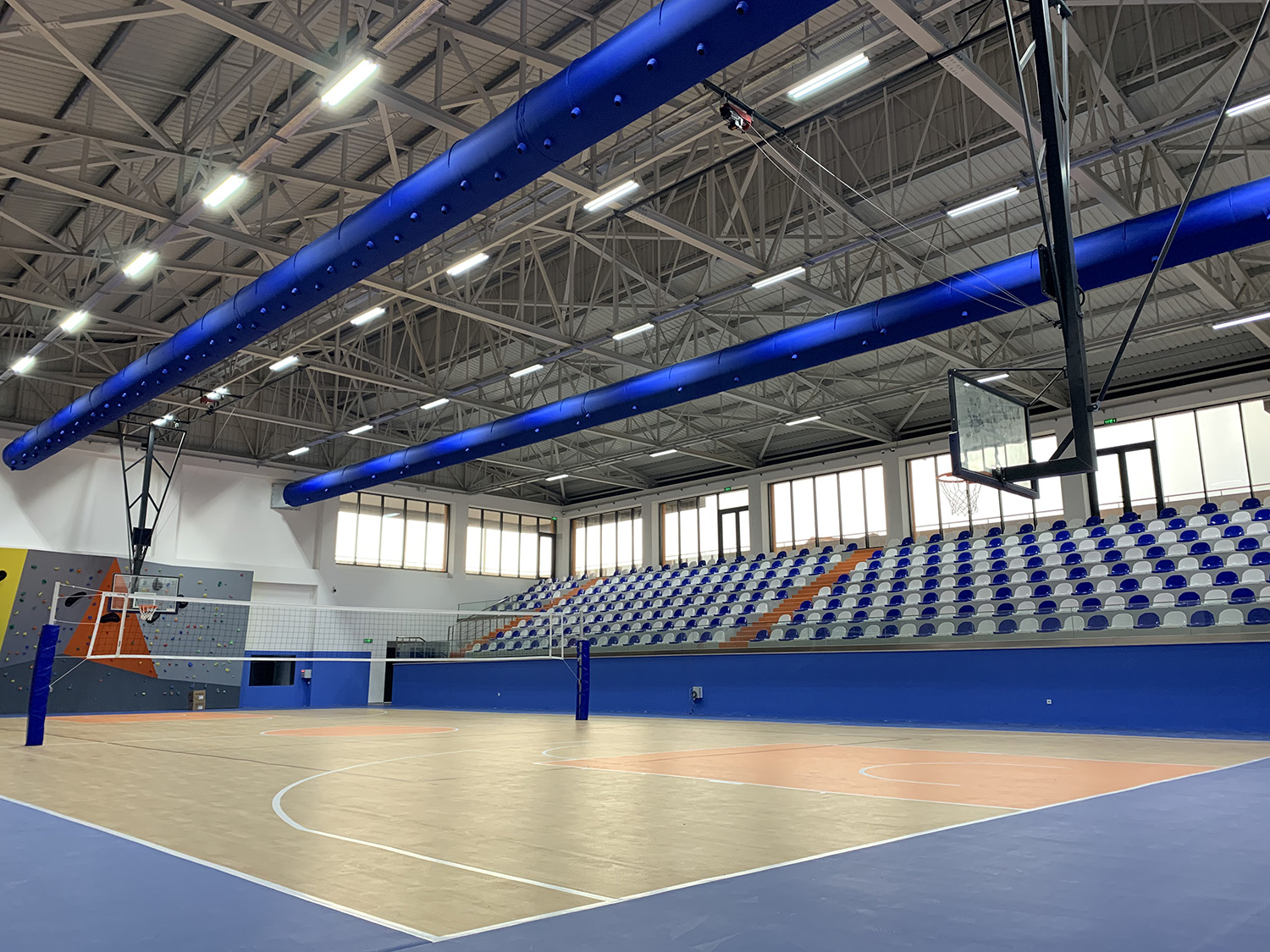Blue air duct systems with fabric ducts installed in Multi-Purpose Sports Hall: Antalya Industrial Park, Turkey, 2