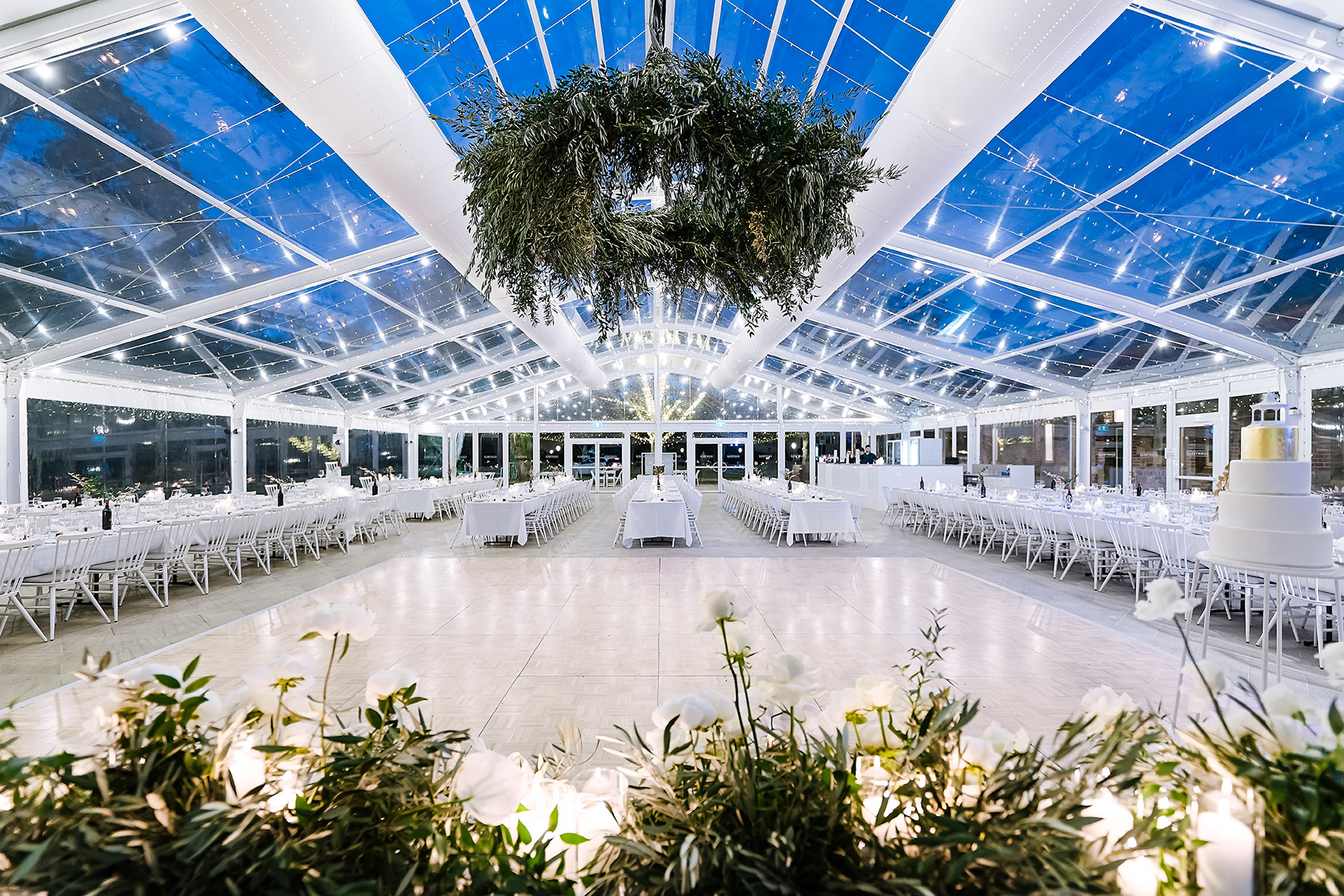 Double ductwork system with white air duct design inside Sunnybrae Estate event room, South Australia, 2