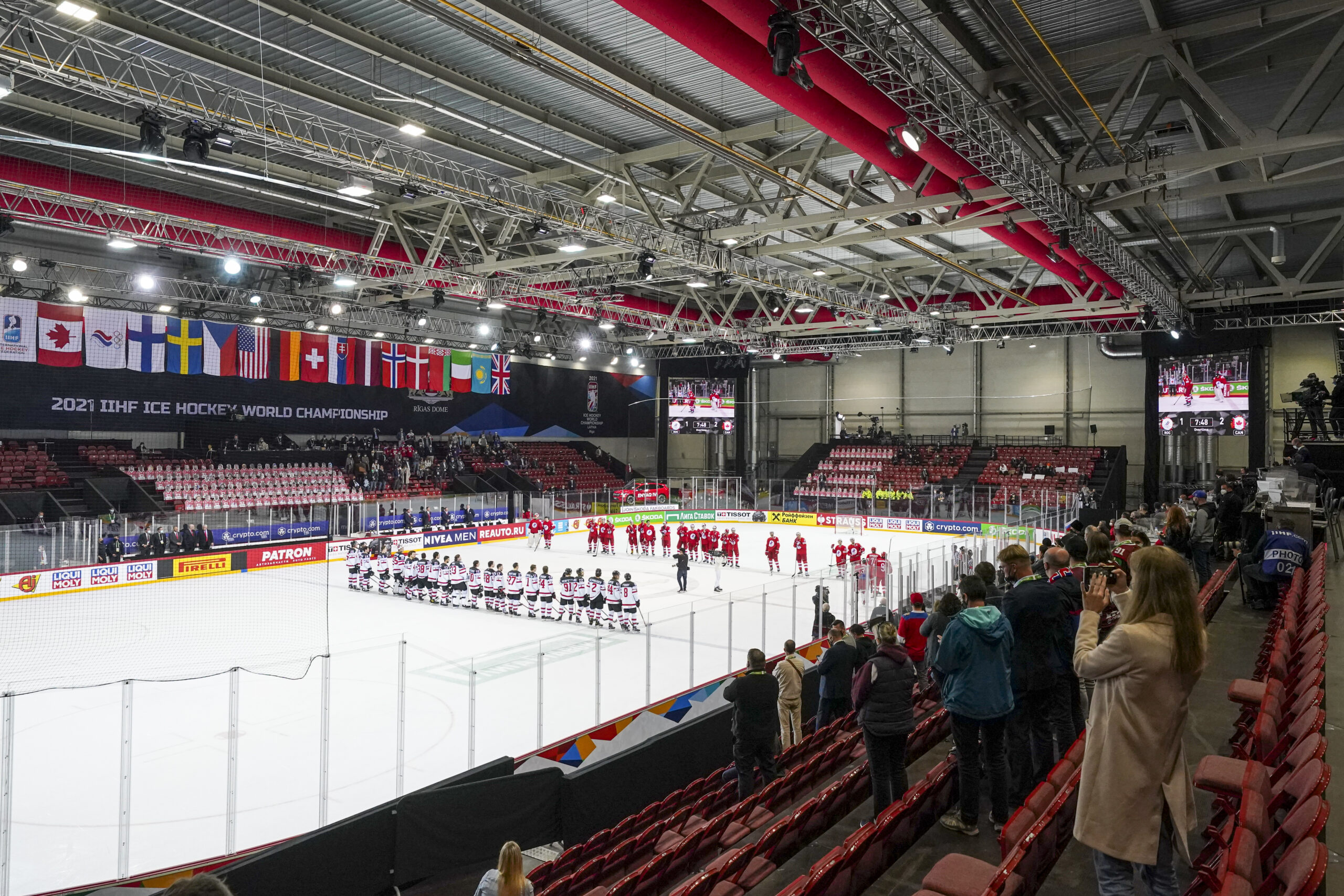 A ductwork system with red fabric ducts installed in Elektrum Olympic Sports Centre, Latvia, 2