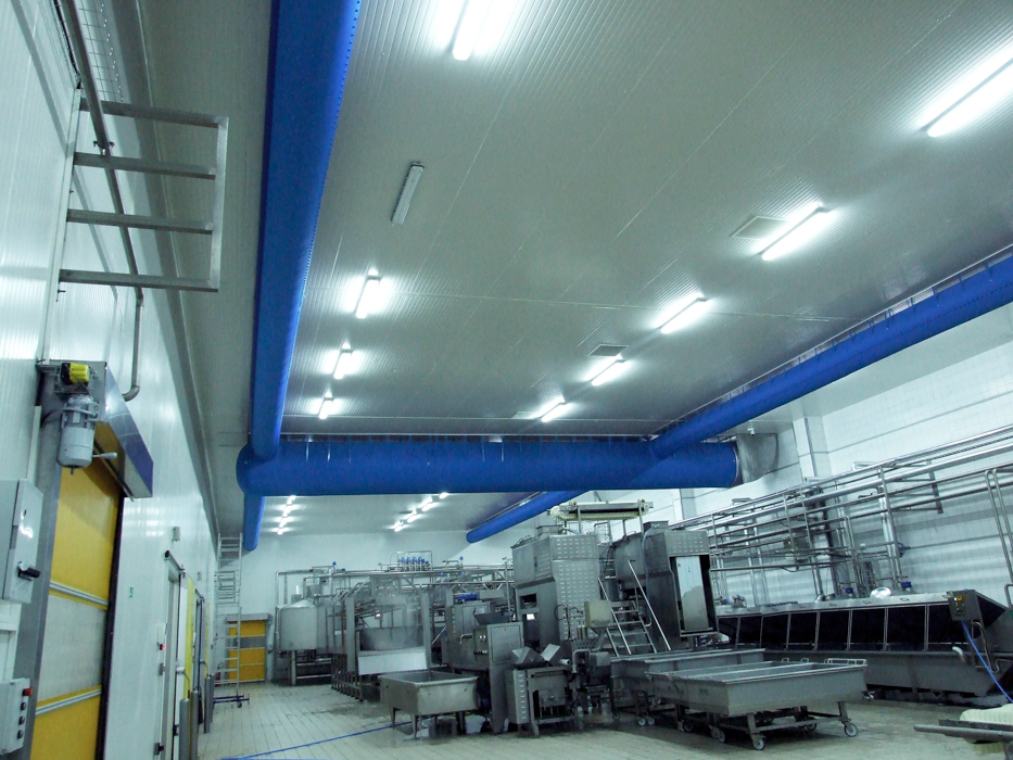 Industrial ductwork system with blue air duct design inside a factory, İtimat Süt, Turkey, 2