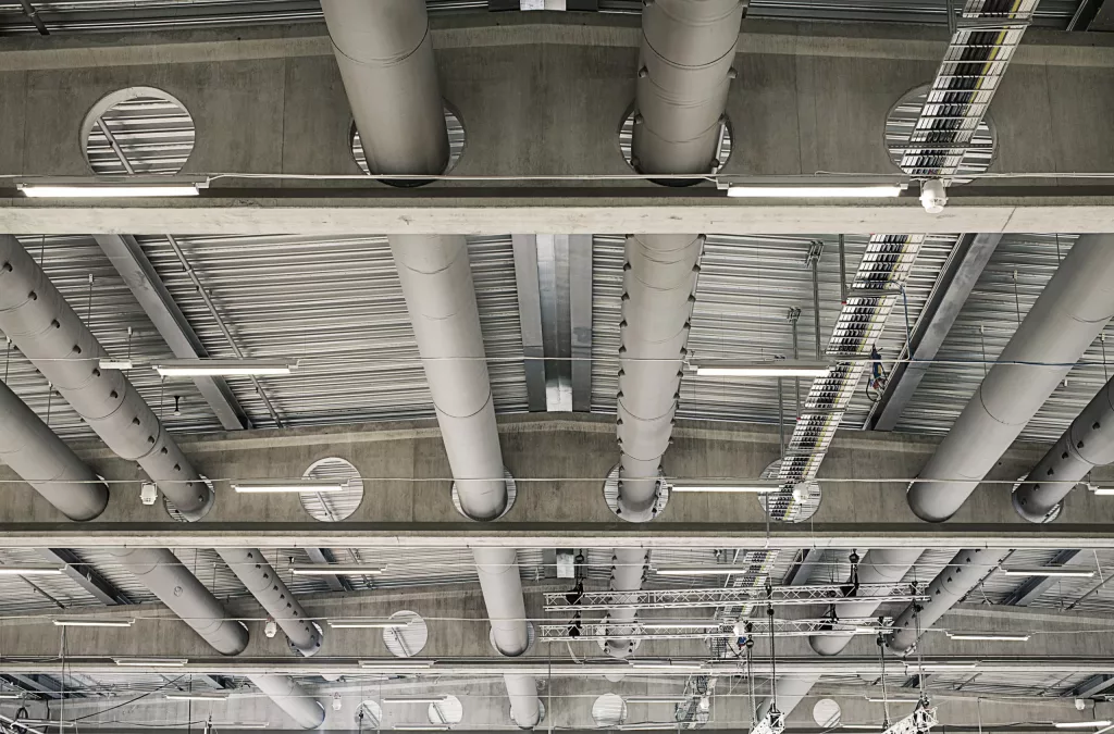 Air duct systems, also called ventilation ducts, in a factory, UK
