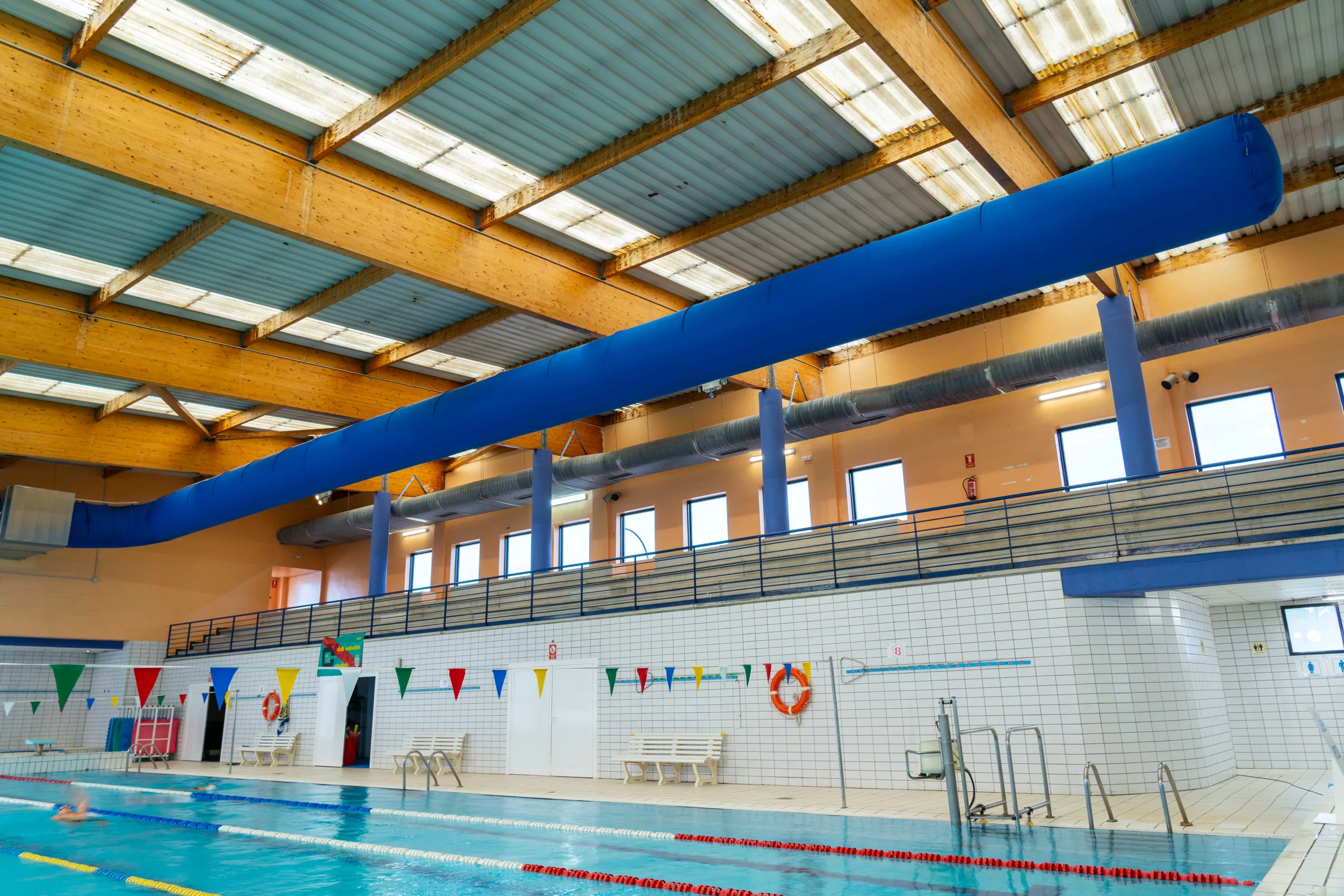 Blue air duct system, also called a ductwork system in a swimming pool, UK