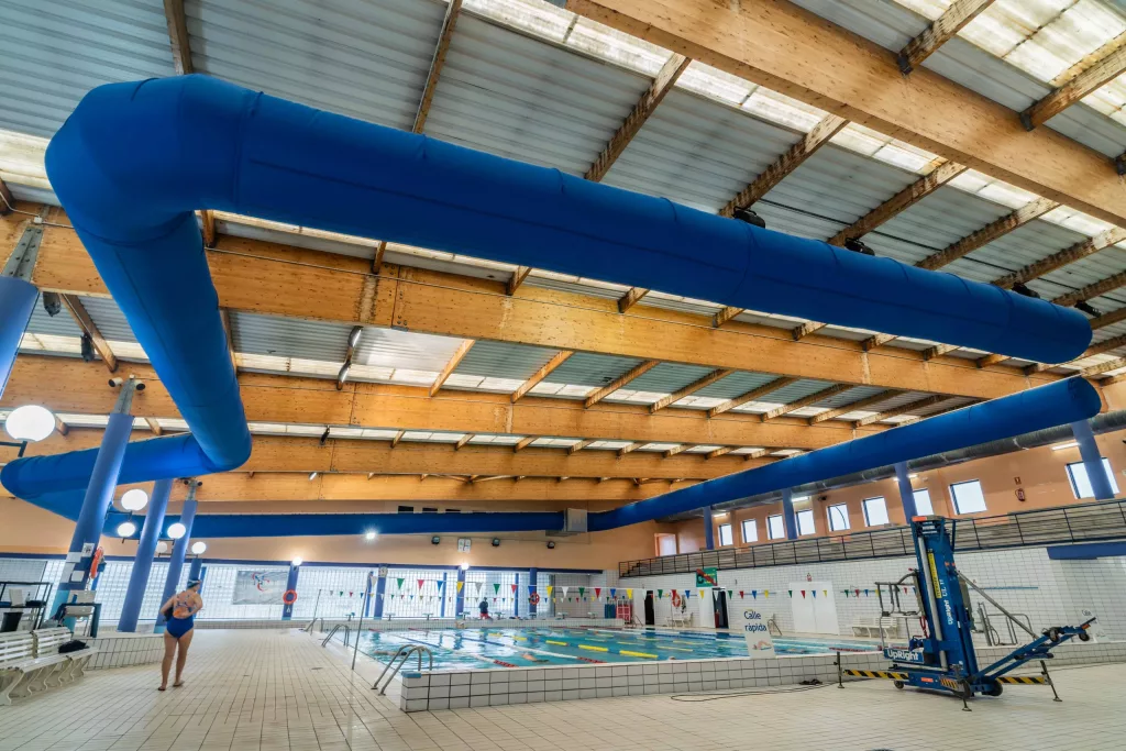 Blue air duct system, also called a ductwork system El Cerro Municipal Sports Center, Cuba