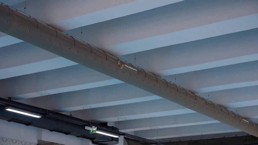 Grey fabric duct installed in Kocasisnan swimming pool, TR, 2