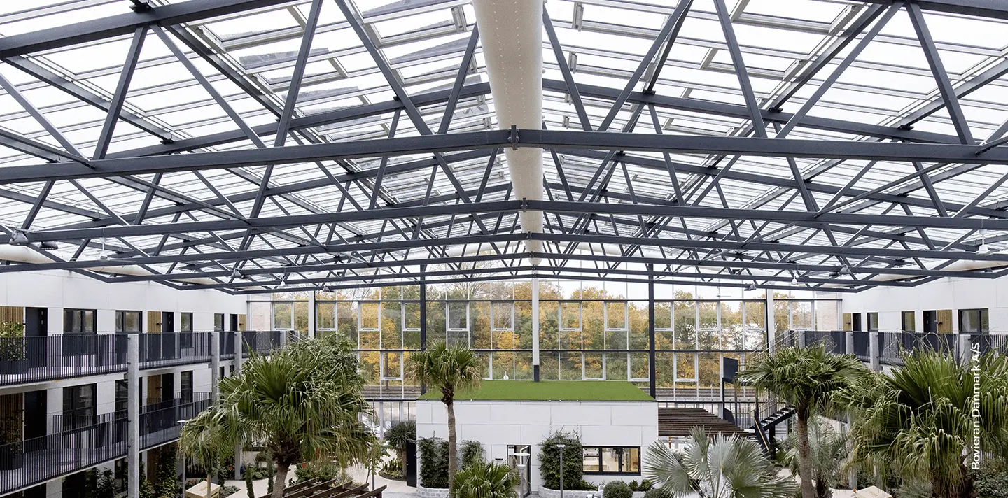 White fabric air duct in Boveiran senior housing appartment complex, DK