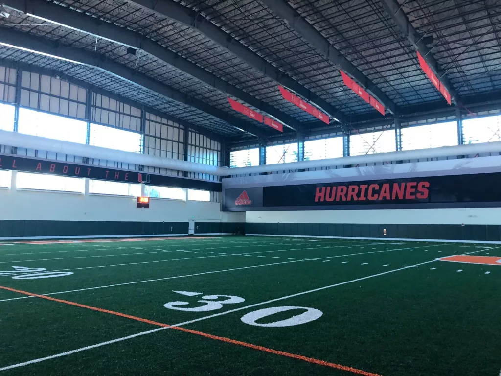FabricAir fabric ducting installed in the Carol Soffer Indoor Practice Facility at the University of Miami
