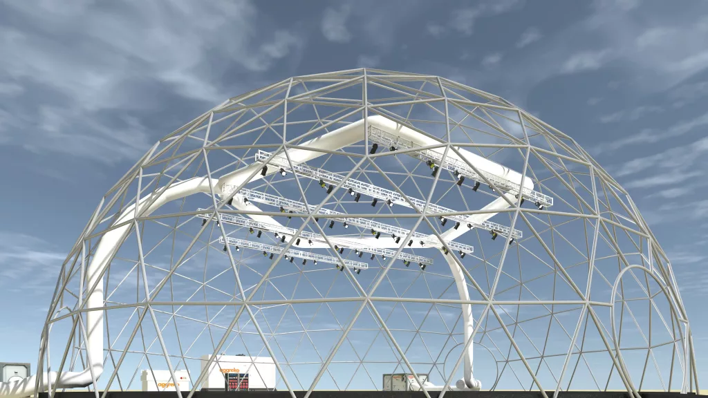 Fabric ducts provide the ultimate air dispersion solution for a variety of applications, but are particularly successful in unusual or complex locations, including this temporary structure for a large event. The structure shown is a large metal dome with white fabric ducts configured to reach the occupants of the space with precise, draft-free airflow.