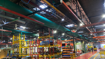 FabricAir ducts in green fabric ensure comfortable, efficient air flow in a metallurgical production facility in Zaragoza, Spain.