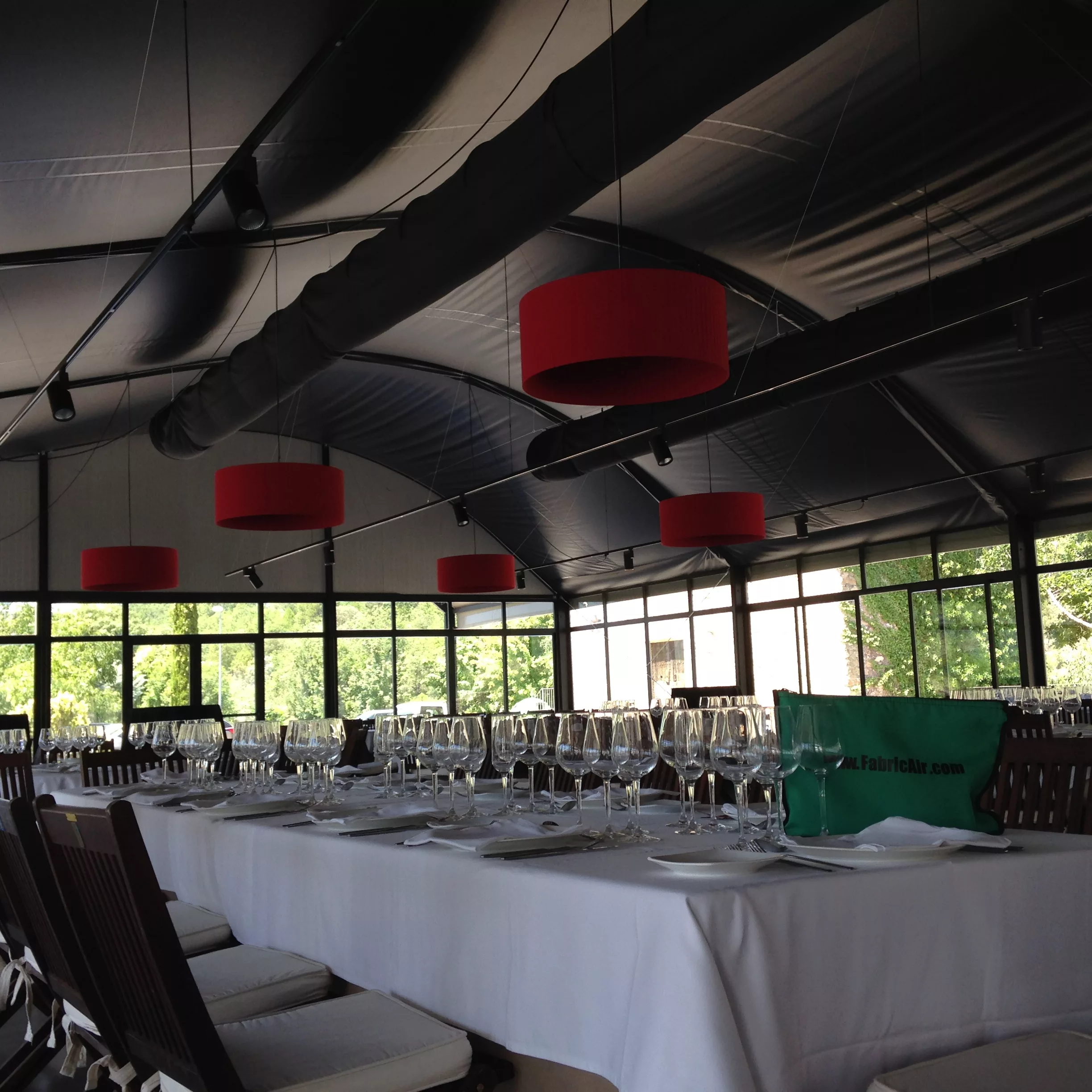Black air ducts installed in a dining facility, US