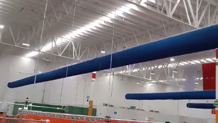 Bright blue fabric ducts installed to cool off a global distribution center in Chihuahua, Mexico