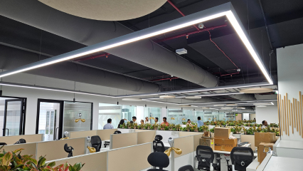 Gray fabric duct system installed in office space