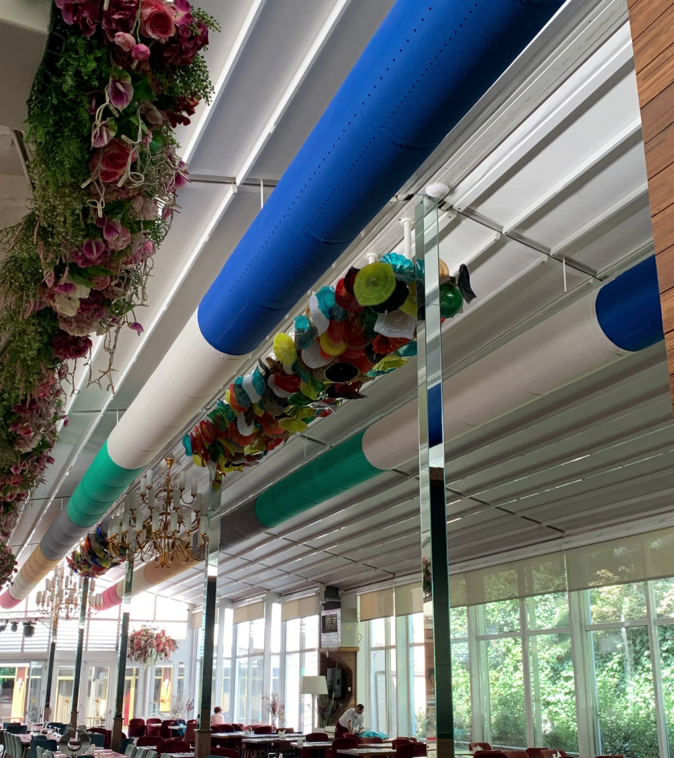 fabric ducts can be customized in colors and patterns and are ment to be seen