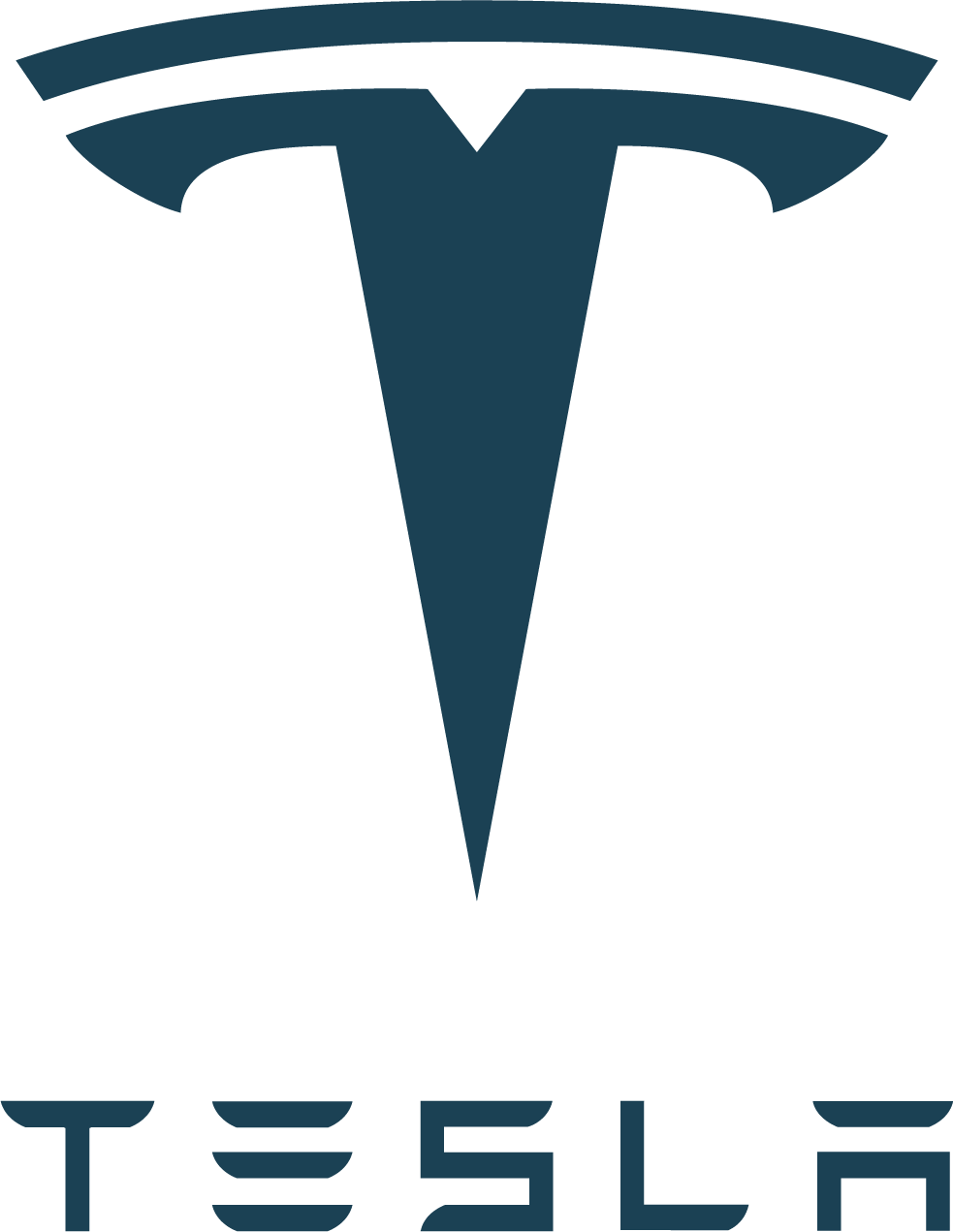 Tesla logo with a stylized dark blue T and the brand name Tesla below it.