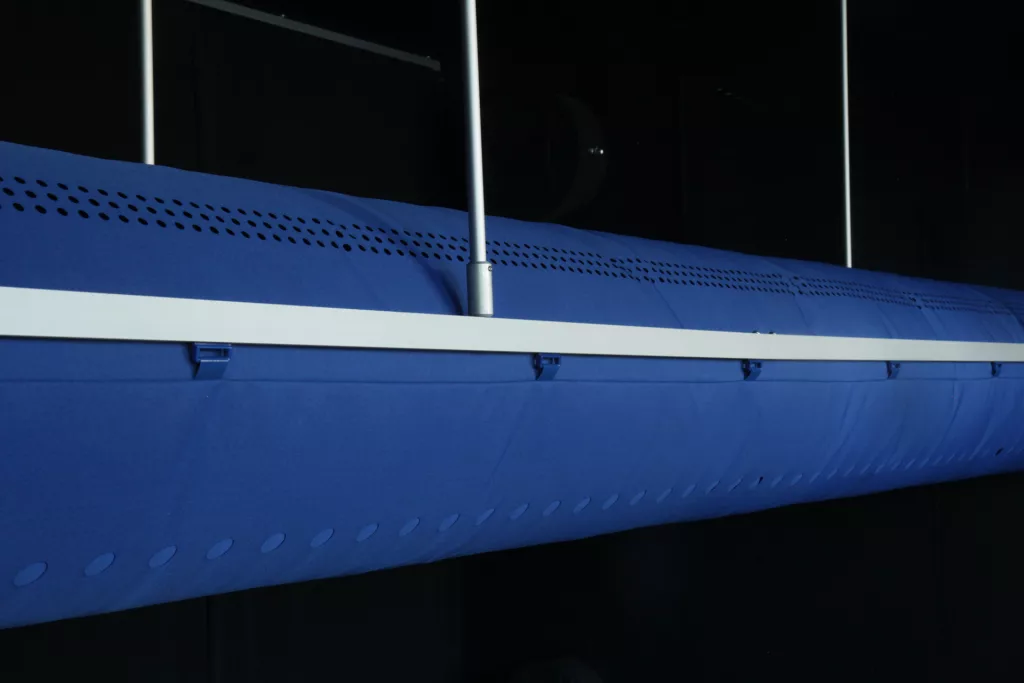FabricAir Varioduct blue fabric duct suspended on double rail with rods and plastic sliders