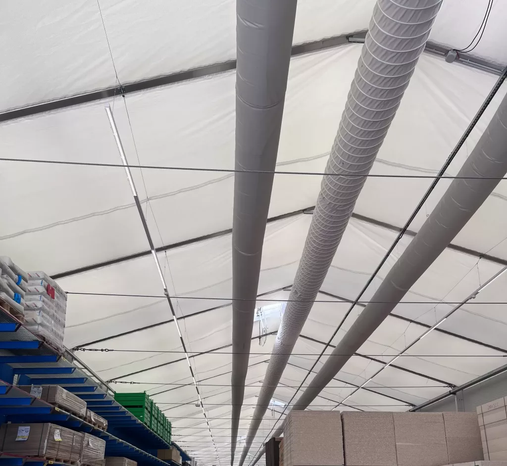 FabricAir fabric ducts installed in the GARANT temporary cold hall for supply and exhaust airflow