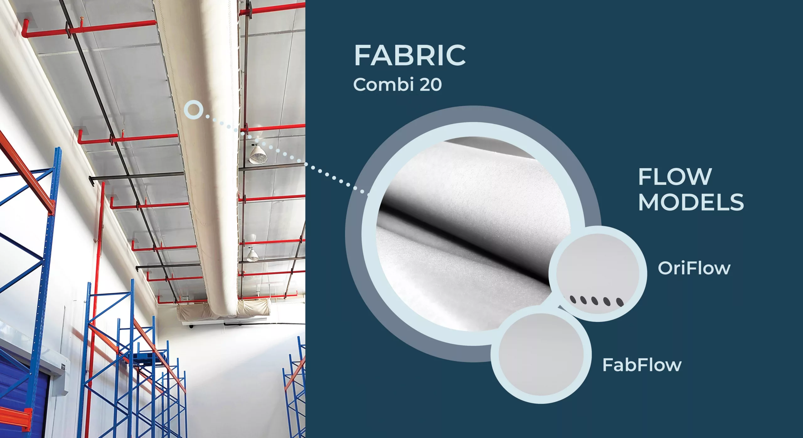 White fabric ducting using FabricAir’s Combi 20 fabric is installed in a pharmaceutical warehouse to optimize climate control.