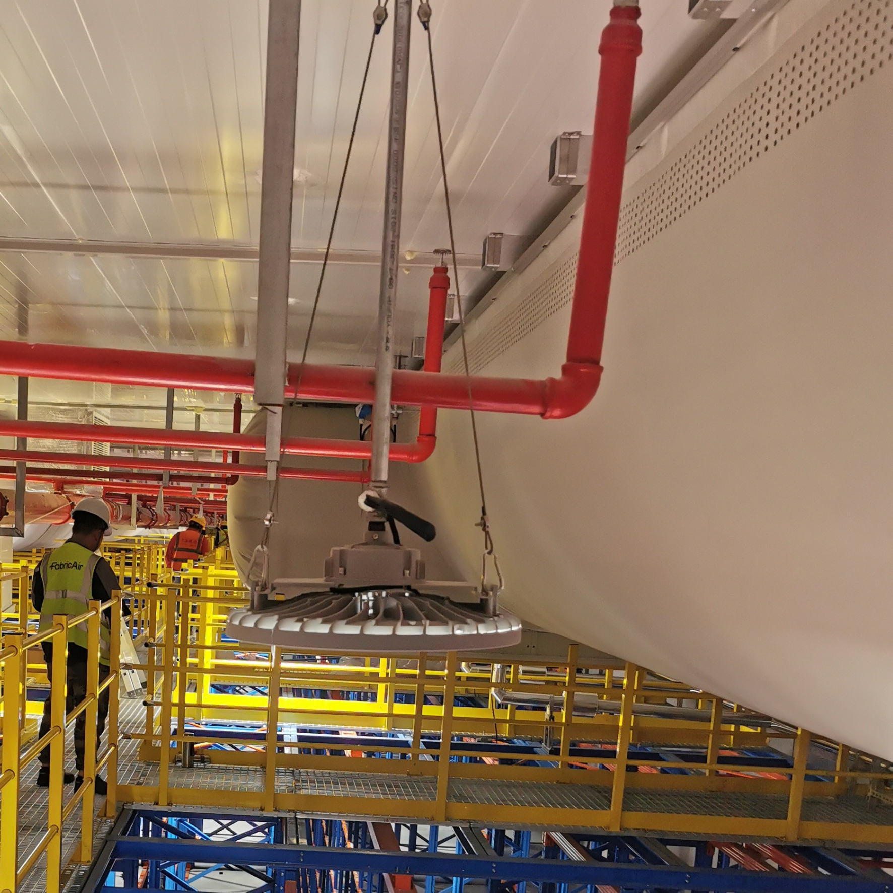 Large fabric ducts installed in the ceiling of the Novo Nordisk Warehouse in China maintain specific temperature requirements