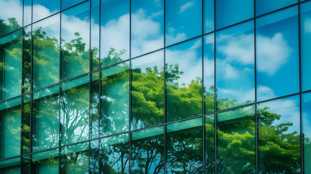Inspiring image abour sustainability in buildings shows the outside of a building reflecting greenery.