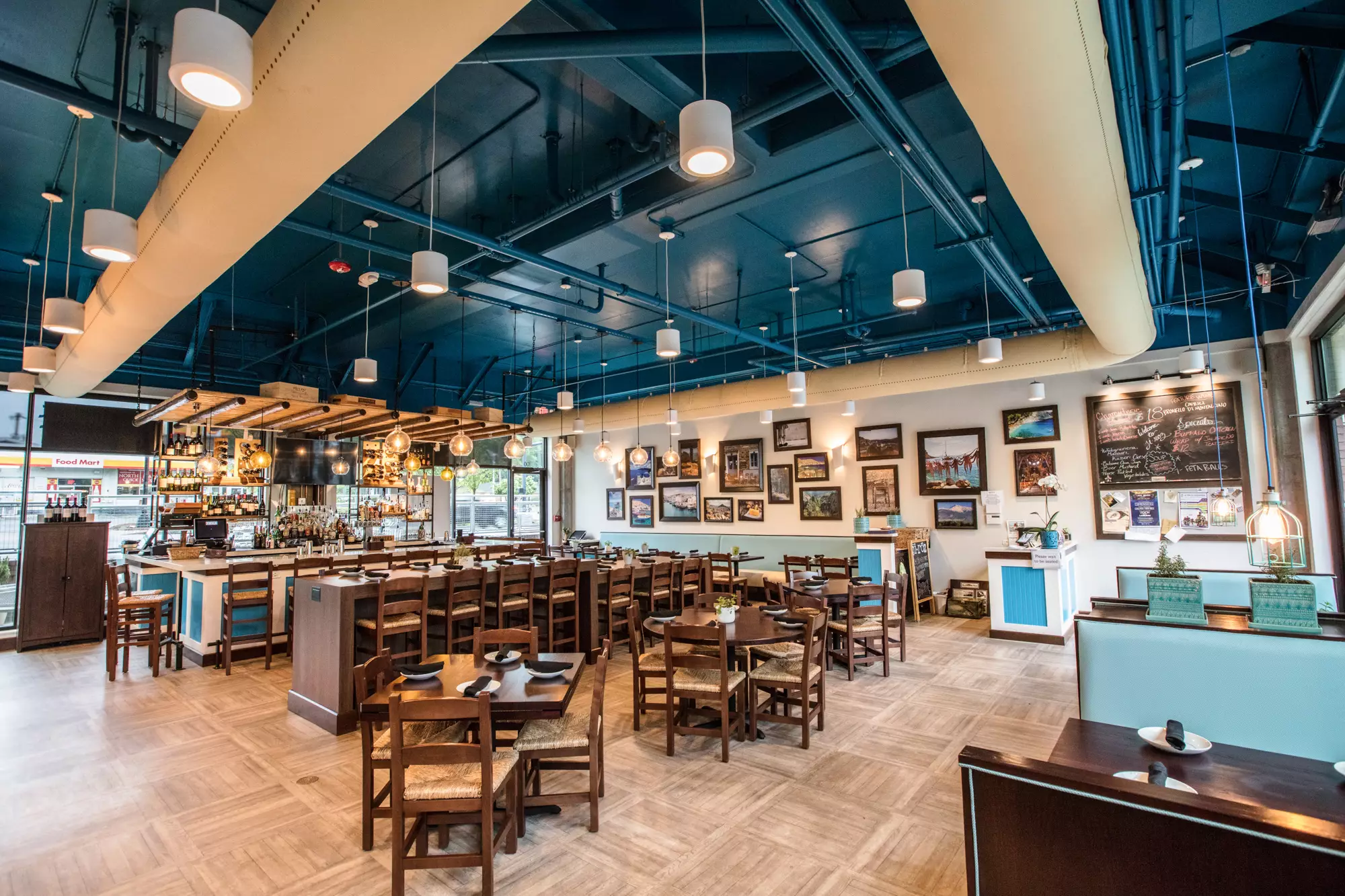 Ji-Roz restaurant interior with white fabric duct socks, US