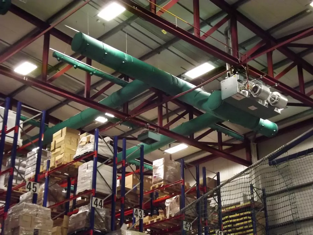 Green fabric duct in Cahill May Roberts warehouse, Ireland